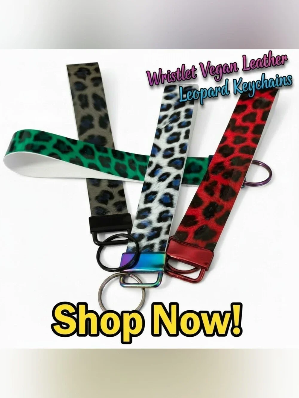Leopard Print Vegan Faux Leather Wristlet Keychains - Red, White, Green, Black